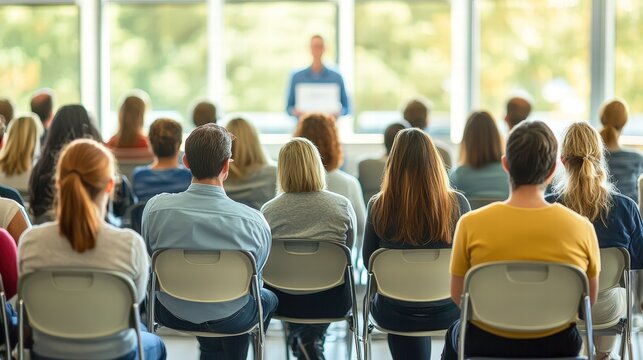 Diverse group of people seated in chairs attentively watching a presentation in a modern conference room with bright windows and a speaker in front