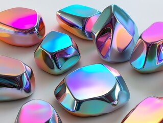 Collection of 3D Holographic Geometric Shapes with Soft Light Effects, Pastel Gradient Colors, and Glossy Surface Perfect for Abstract Artwork