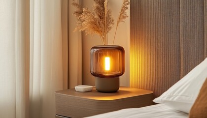 Warm-lit bedside lamp illuminates bedroom
