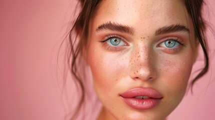 Fototapeta premium Beautiful woman's face close up natural makeup, AI generated image