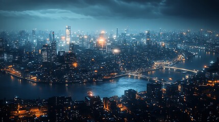 Obraz premium A futuristic megacity with intricate glowing trade routes weaving through the night sky, advanced architectural designs and bright neon accents throughout the skyline,