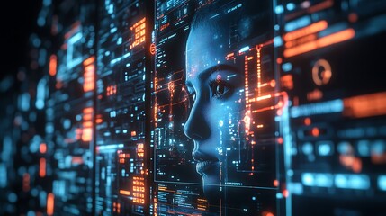 A futuristic video conference with diverse participants from different countries, holographic screens displaying faces and global data, advanced tech surroundings with glowing neon accents,
