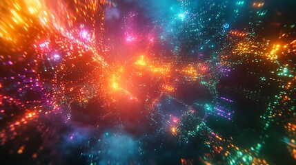 Naklejka premium A futuristic visualization of interconnected nodes creating a glowing world map, sleek digital background with pulsing light effects, vibrant neon and holographic colors, highly detailed design,