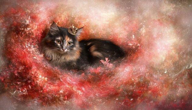 Regal calico kitten, cosmic backdrop, studio shot, fantasy art