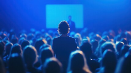 Obraz premium Large Crowd of People at an Event with One Person Standing Out in Front of a Darkened Audience in a Concert or Conference Setting