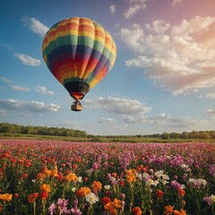 Fototapeta premium A colorful air balloon over a field of blooming flowers in spring.