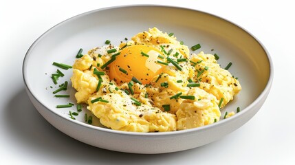 69. Plate of fluffy scrambled eggs with herbs, freshly cooked, Isolated, White background, Editorial Photography, Studio lighting, Magazine foods style