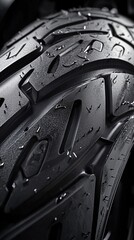 Close up of black motorcycle tire treads with fine water droplets.