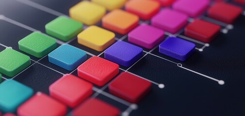 A vibrant digital display featuring colorful squares arranged in a grid pattern against a dark background, suggesting data visualization or sound analysis.