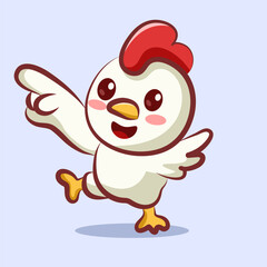 Cute cartoon chicken character with hand pointing up
