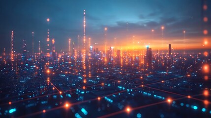 A high-tech urban landscape at dusk, glowing trade route paths illuminating the sky like constellations, futuristic city skyline with reflective glass and neon highlights, photorealistic lighting,