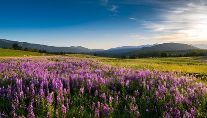 Fototapeta premium lavender field in the mountains at the morning. spring in the mountains. Purple flowers growing in meadows with beautiful mountain scenery in summer