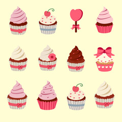 set of collection pink cupcakes valentine vector design 