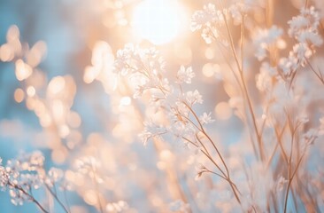 Abstract Blurred Blue Background with Bokeh Effects and Soft Light Creating an Ethereal Atmosphere with Delicate Floral Elements