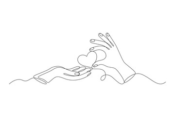 Hands holding heart drawn with continuous line in minimalism, symbol of love relationship, concept of volunteer activity, one line, editable vector contour