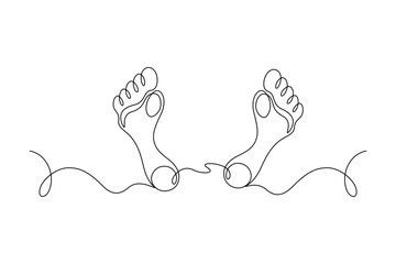 Footprint and bare foot drawn with continuous line in minimalism, wellness massage, podology, care about soft skin, one line, editable vector contour