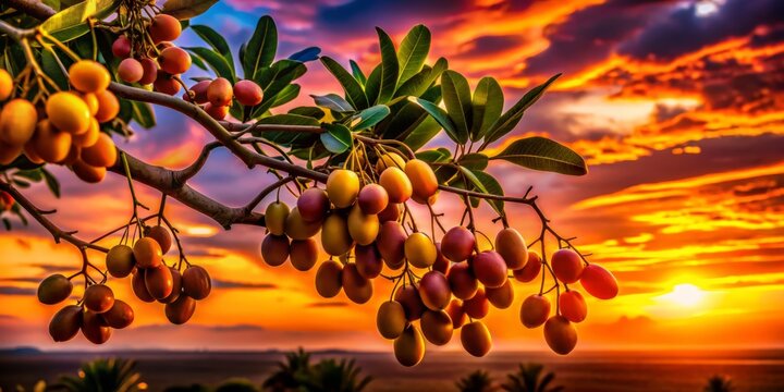 Silhouette of Makok Fruit on Thai Tree at Sunset - Tropical Asian Food