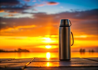 Silhouette of Vacuum Flask at Sunset, Thermos Keeping Drinks Hot or Cold