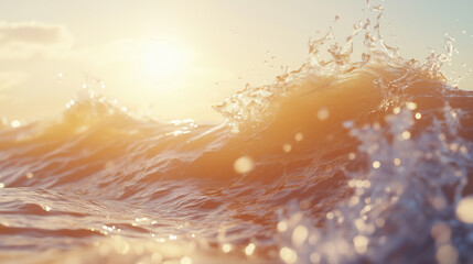 Obraz premium Warm Ocean Wave: Sunlight and Spray on a Breaking Wave