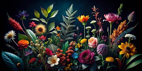Fototapeta premium Silueta de plantas y flores ordenadas sobre fondo oscuro