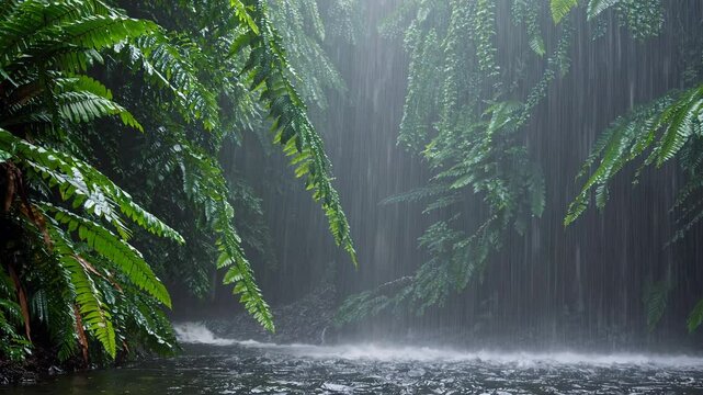 Lush rainforest waterfall with tropical foliage and stream in heavy rain, serene nature scene. Tranquility and natural beauty concept