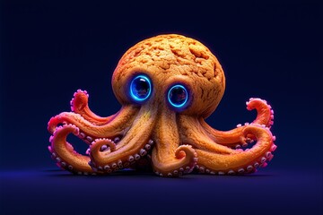 Naklejka premium A whimsical, brightly colored octopus with glowing eyes, combining elements of marine life and fantasy, set against a dark background.