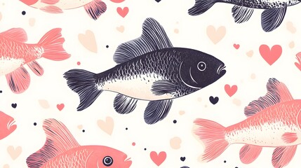 Fototapeta premium Pink and Dark Fish Swim Amidst Hearts