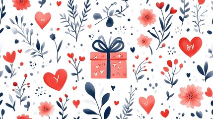 Gift Box Amidst Floral Hearts and Botanicals