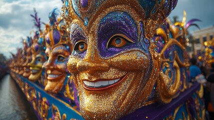 Glittering Carnival Masks Line Festive Parade Float
