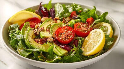Fresh green salad with avocado, cherry tomatoes, and lemon slices