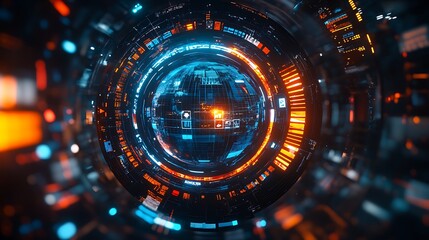 Obraz premium A radiant digital Earth encircled by a ring of international flags, glowing light trails weaving between the flags, futuristic and vibrant design with cosmic details in the backdrop,