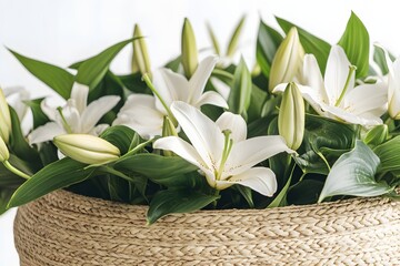 Obraz premium White Lilies Bloom in Woven Basket