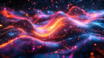 Fototapeta premium A radiant world map visualization with glowing dots and dynamic neon lines, futuristic holographic layers overlaying the map, deep dark background with subtle light effects, photorealistic textures,