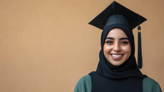 A happy Arab woman in a graduation cap, set against a cream-colored background with diffused lighting, her face in sharp focus and the scene radiating warmth and accomplishment