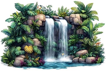 Lush Tropical Waterfall Scene with Lush Vegetation