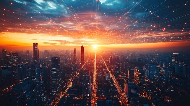 A sprawling futuristic cityscape with glowing trade routes projected in the sky, vibrant neon trails connecting distant cities, sleek skyscrapers with advanced architectural designs,