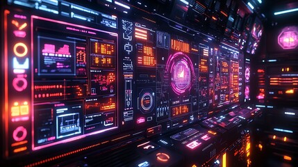 Obraz premium A stylized logistics map with glowing shipping routes across continents, holographic panels providing detailed data overlays, vibrant neon colors set against a dark tech theme,