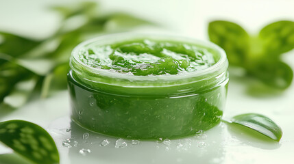 Rejuvenating face mask with aloe vera and cucumber extract, soft green hues, and a clean white background for refreshing skincare