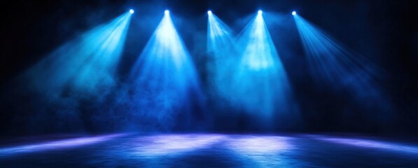 Abstract Blue Light Rays on Dark Background with Mist Creates a Mysterious Atmosphere for Creative Projects