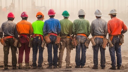 A lineup of workers in brightly colored hard hats (red, green, blue, white, orange) and safety gear, their backs turned, standing on a dusty construction site