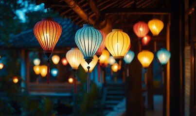 Colorful paper lanterns hanging from a bamboo structure at twilight.