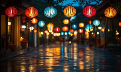 Colorful lanterns illuminate a wet, dark street.
