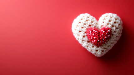 Obraz premium Handmade knitted heart on red background. Valentine's day concept.