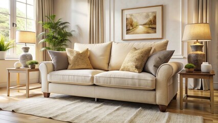 Cozy living room interior featuring a stylish beige sofa; professional white frame photography highlights its elegance.