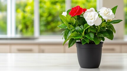 Fototapeta premium Elegant white and red roses in black pot on bright kitchen table