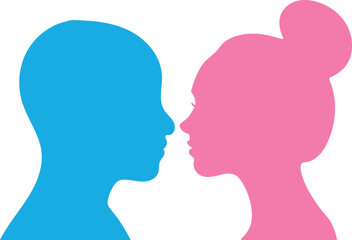 Minimalist Male and Female Silhouette Facing Each Other, Pink and Blue