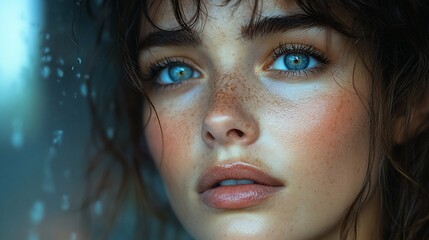 A young woman with freckles and blue eyes gazes thoughtfully