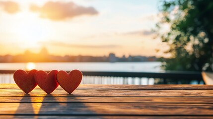 Fototapeta premium Three red hearts on a wooden table by the river during sunset, evoking love, tranquility, and romantic moments.