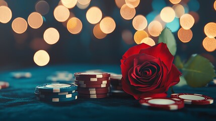 Elegant rose beside poker chips with soft bokeh background, symbolizing romance and chance.