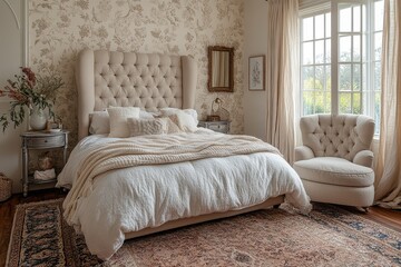 Fototapeta premium Bright airy bedroom with elegant wallpaper, vintage furniture, modern decor, silver side table, floral rug, balance of old-world charm and contemporary style.